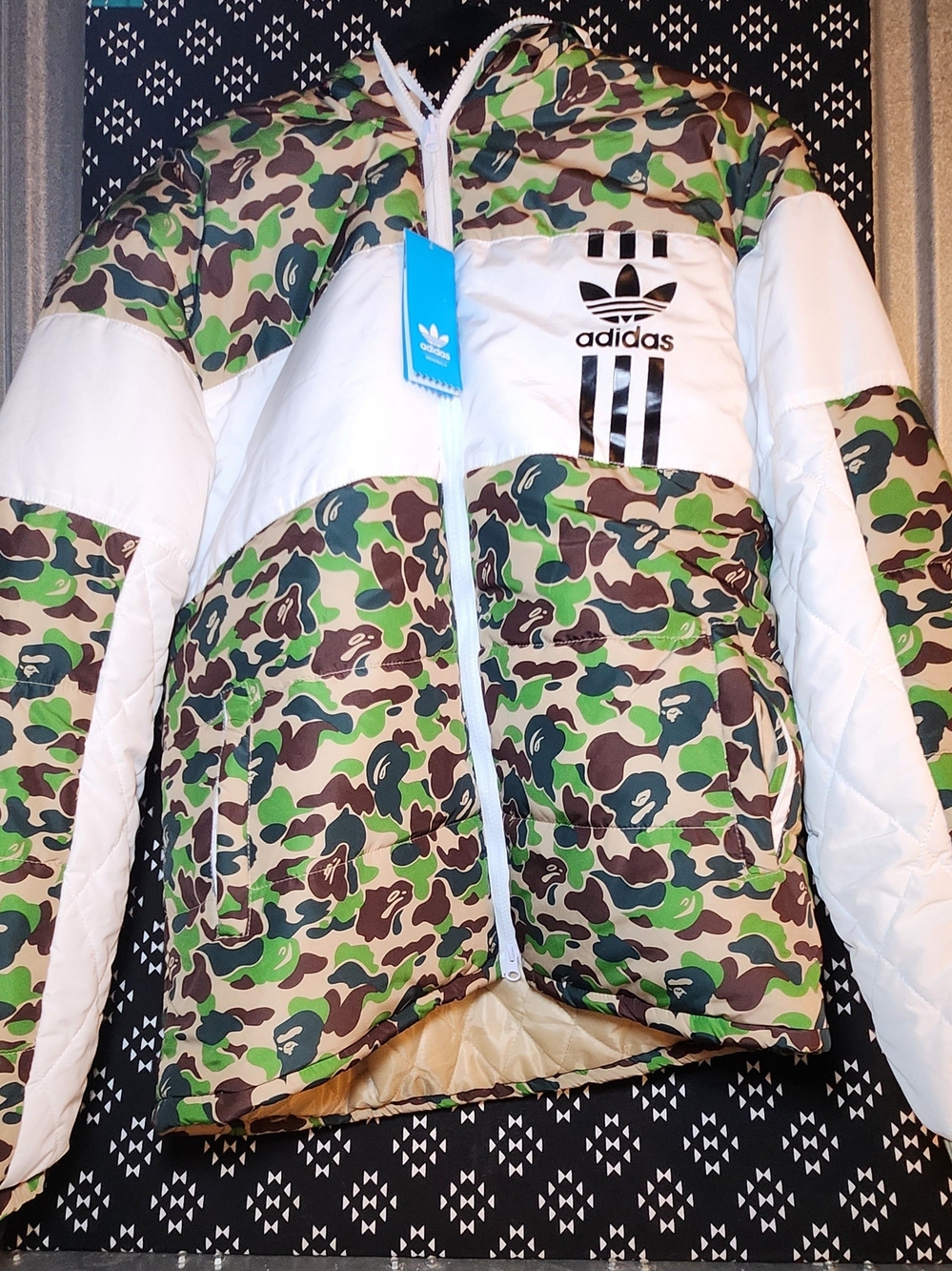A Bathing Ape X Adidas Men's Camo Puffer Jacket in Green and White